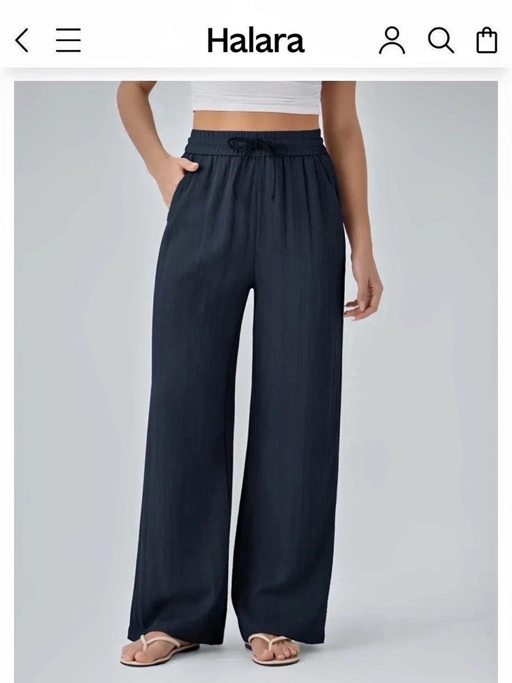 Halara High Waisted Drawstring Pocket Wide Leg Baggy Casual Linen-Feel Pants M
